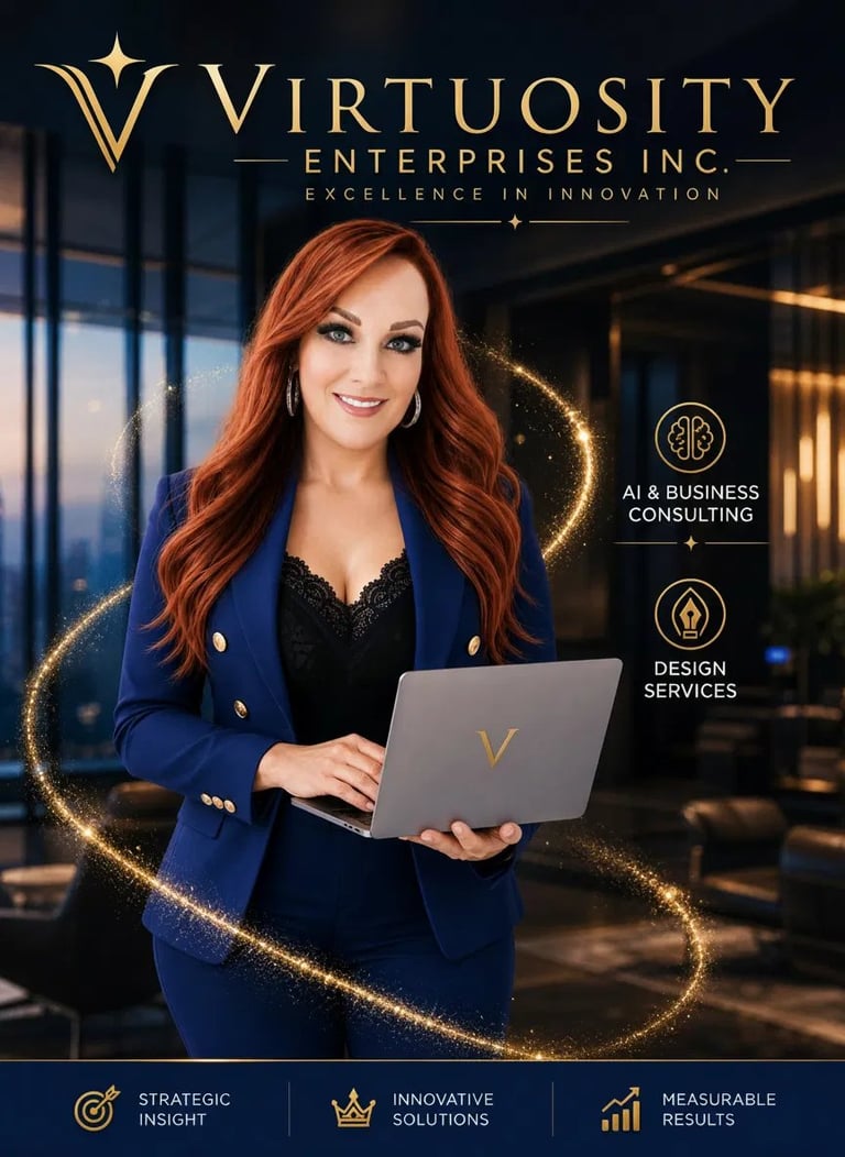 Professional woman with red hair in navy blazer holding laptop, representing Virtuosity Enterprises Inc. services including AI consulting and design