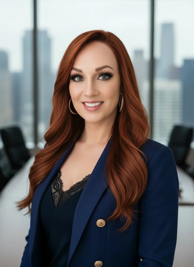 Professional woman with long reddish-brown hair wearing a navy blazer, smiling in a modern office with city skyline view